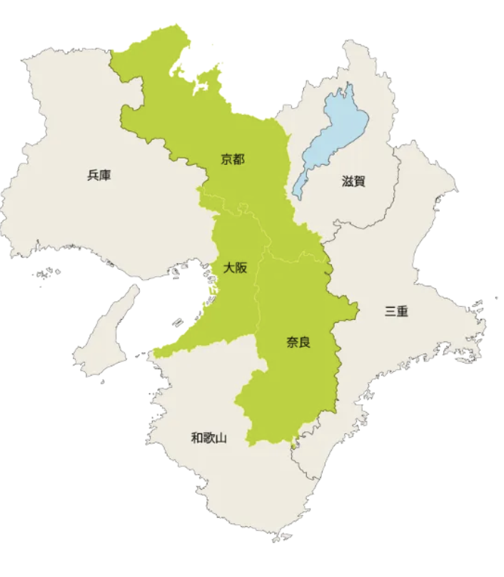対応エリア（奈良県・大阪府・京都府南部）の地図